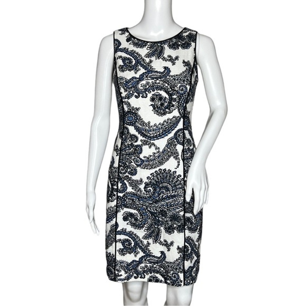 Talbots Petites Sheath Dress 2P Blue White Paisley Jacquard Coastal Grandma Chic